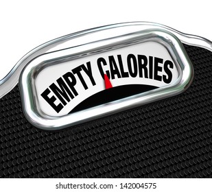 The Words Empty Calories On The Display Of A Scale To Illustrate The Importance Of Eating Nutritional Foods For Good Health Instead Of Junk Or Fast Food Such As Snacks, Candy Or Other Sugary Items