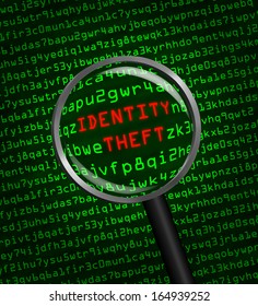 The words Identity Theft revealed in computer machine code through a magnifying glass 