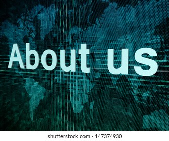 Words on digital world map concept: About us