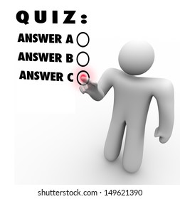 The Words Quiz And Several Multiple Choice Answers And A Person Choosing The Best Selection As His Answer