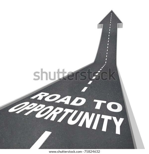 Road To Opportunity という言葉が 変化 成功 偉大さを象徴する矢印に続く道路上の白い文字で書かれています のイラスト素材