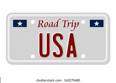 The words Road Trip USA on a gray license plate isolated on white, Road Trip USA