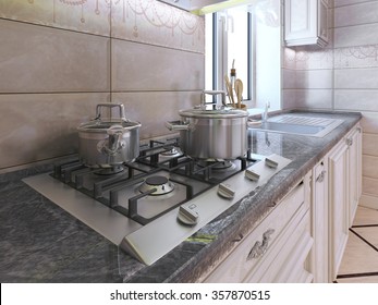 Work Area At Modern Kitchen. Light Grey Gas Stove With Pan Made Of Stainless Steel. Granite Countertop And Cream Tile Backsplash. 3D Render