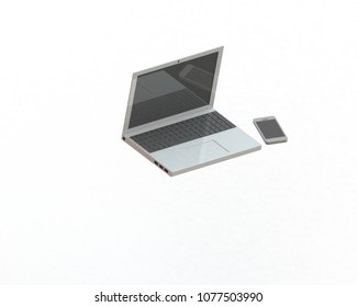 Work desk with a computer, phone, split from the white background. 3 dimensional display
