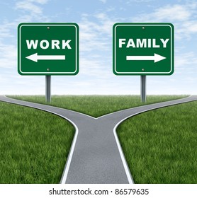 Work Or Family Symbol Representing The Important Life Choice Of Raising A Family And Spending Time At Home Or Working At A Business To Make Money With Crossroad Traffic Signs On Green Grass And Sky.