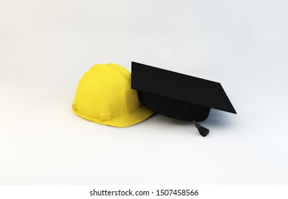 Work Helmet And Graduation Cap On A White Background. Labour Market Concept. 3d Rendering