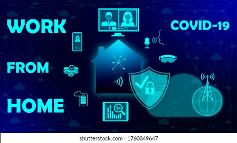 Work From Home Illustration Concept In Coronavirus COVID-19 Reality.  Cyber Secured Safe Home In Cloud-based Environment. Cloud Computing And Analyses, Business Communicated From Home. 