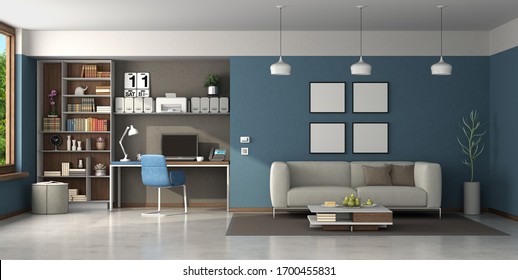 Work At Home In A Large Living Room With Desk,office Chair,bookcase And Modern Sofa - 3d Rendering