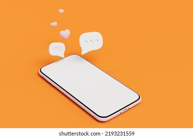 work on the Internet through a smartphone. love online correspondence. smartphone with message and heart icons on orange background. copy paste, copy space. 3d render. 3d illustration