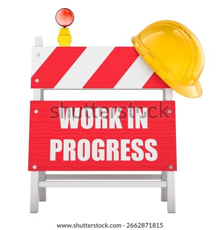 Work in Progress road barrier, construction sign with hard hat. 3D rendering isolated on white background