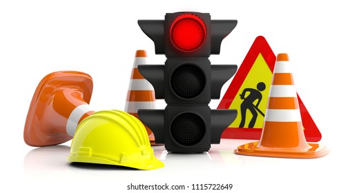 Work in progress. Road constuction signs isolated on white background. Red traffic light, road sign, hard hat and traffic cones, 3d illustration