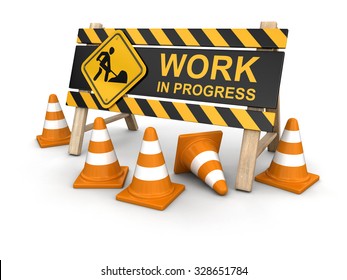 Work In Progress Sign And Traffic Cones. Image With Clipping Path