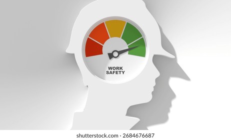 Work safety level scale with arrow inside head of confident construction manager wearing hardhat. The measuring device. Project management, engineering and safety inspection. 3D render
