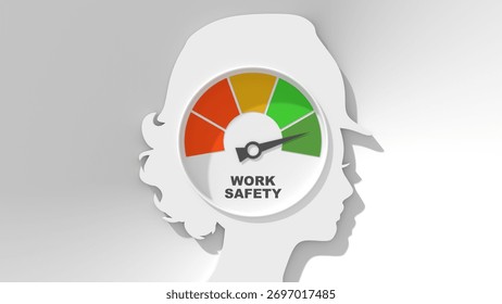 Work safety level scale with arrow inside head of confident construction manager wearing hardhat. The measuring device. Project management, engineering and safety inspection. Female person. 3D render
