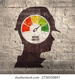 Work safety level scale with arrow inside head of confident construction manager wearing hardhat. The measuring device. Project management, engineering and safety inspection.