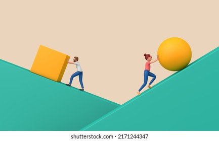 Work smarter not harder concept. pushing ball and cube up steep hill. 3D Rendering - Powered by Shutterstock