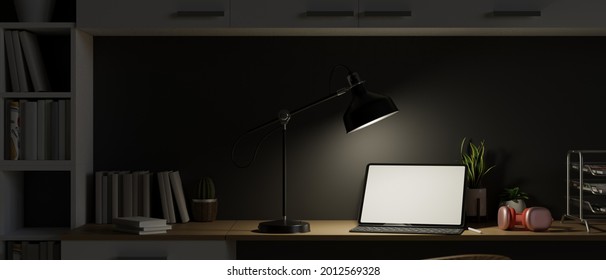 Work Space At Night With Open Laptop And Light From Table Lamp, Late Night Working, Dark Work Space, Modern Home Office Interior Decor, 3d Rendering, 3d Illustration