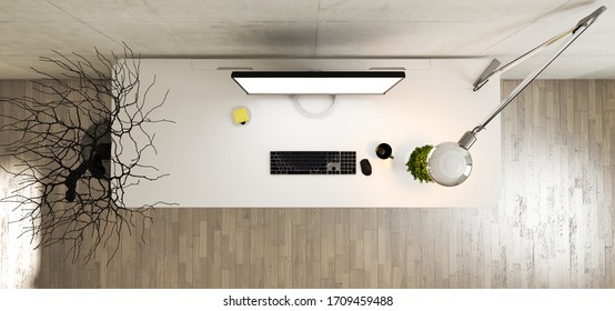 Work space stand mock up with table and plant, monitor, cup; sticker, table lamp top view concrete wall realistic 3D rendering - Powered by Shutterstock - Get 15% off with code: PIKWIZARD15