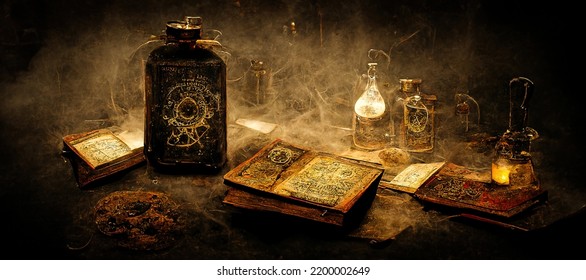 Work Table And Grimoire Of A Magician And Alchemist In An Old Medieval Castle, Mysterious And Scary Atmosphere