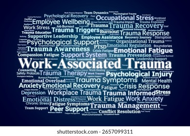Work-Associated Trauma Word Cloud. A Visual Collection of Terms Reflecting Mental Health Risks, Stress, and Support Systems in Work-Related Trauma Cases.