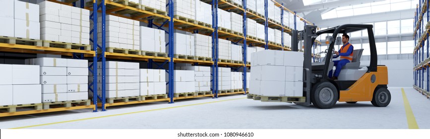 Worker with forklift loads boxes in a warehouse or factory in industry, logistics or shipping (3D Rendering) - Powered by Shutterstock