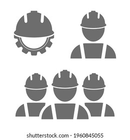 Worker With Hardhat Icon Set. Work Man Group Teamwork With Leader Isolated On White Background.