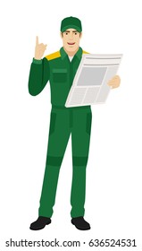 Worker With Newspaper Pointing Up. Full Length Portrait Of Delivery Man Or Worker Character In A Flat Style. Raster Illustration.