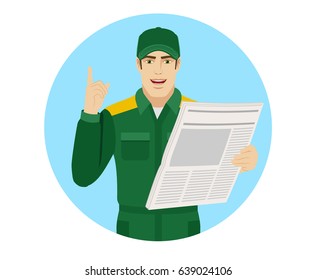 Worker With Newspaper Pointing Up. Portrait Of Delivery Man Or Worker In A Flat Style. Raster Illustration.