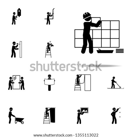 worker puts tile icon. Construction People icons universal set for web and mobile