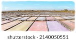 Worker in the salt ponds of Portugal in the daytime, man on his back, with rake to move the salt in the evaporation process