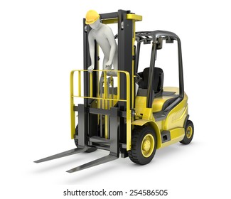 Worker Stands On A Mast Of Forklift, Violating Safety Norms, Isolated On White Background