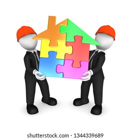 Workers holds the house puzzle. 3d rendered illustration. - Shutterstock ID 1344339689
