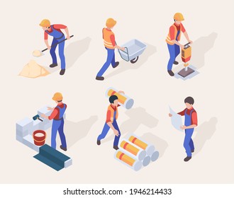 Workers isometric. Builders in uniform different construction machines and tools people set