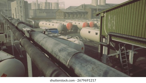 Workers are present at an industrial facility, surrounded by large storage tanks and pipelines. Morning fog adds a mysterious atmosphere to the operational environment.