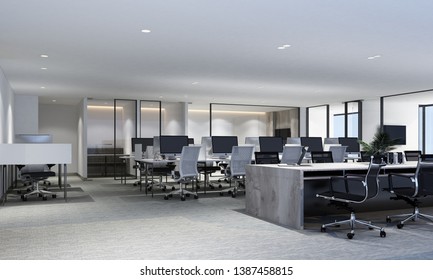 Working Area In Modern Office With Carpet Floor And Meeting Room. Interior 3d Rendering