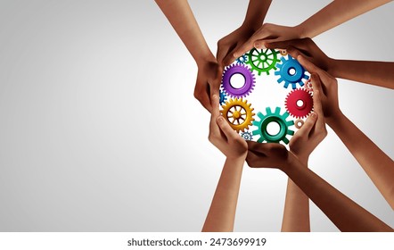 Working Business Unity and work diversity partnership as hands and gears or cog wheels connected in a group of diverse people united together as a support symbol of team with 3D illustration elements. - Powered by Shutterstock