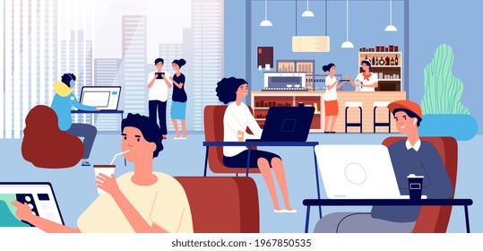 Working in cafe. Coffee store, business coworking inside bar. Friends meeting, smiling people work computer, and barista illustration - Powered by Shutterstock