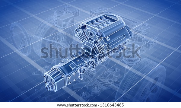Working Car Internal Combustion Engine Scheme with\
chassis and wheels 3d\
render