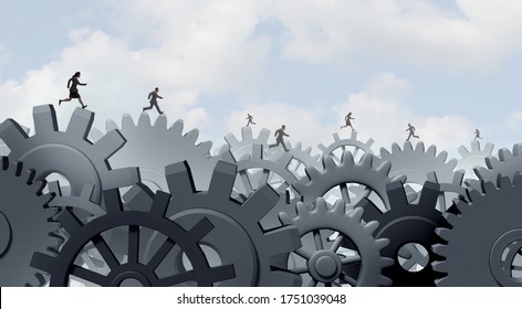 Working Concept With A Businessman And Businesswoman People Running On Gears As An Economic Engine And Business Success Strategy As Corporate Inovation With 3D Illustration Elements.