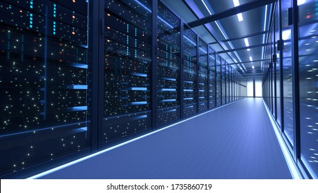 Working Data Center Full of Rack Servers and Supercomputers, Modern Telecommunications, Artificial Intelligence, Supercomputer Technology Concept.3d rendering,conceptual image.