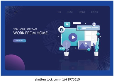Working from home concept,create your own workplace and stay at home on quarantine during the Corona virus(COVID-19) Epidemic. Modern flat web landing page design template. 