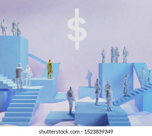 Working For Money And Dividends Are What People Want. Stairways. Different Paths. Each Person Leads To The Same Destination. 3D Rendering,illustration