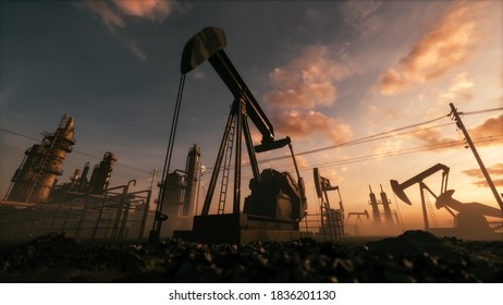 Working Oil Pump Jack Rig At Sunset. Oil Pump Jack On The Factory. 3d Illustration