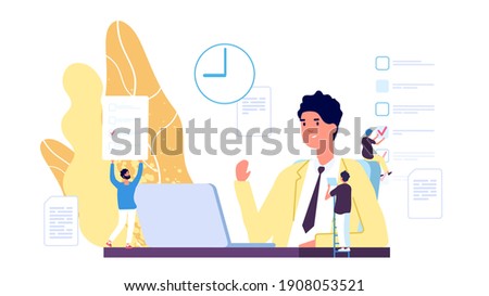 Working process. Business environment concept. Flat businessman or manager and tiny people characters