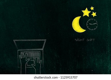 Working Shifts Conceptual Illustration: Laptop Next To Night Shift Icon With Stars Moon And Clock