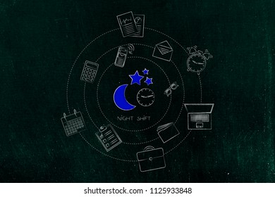 Working Shifts Conceptual Illustration: Moon & Clock Night Shift Icon Surrounded By Spinning Business Office Objects