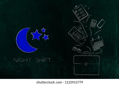 Working Shifts Conceptual Illustration: Night Shift Icon With Moon Next To Office Bag With Objets Flying Out