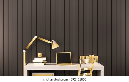 Working space, luxury golden objects on working desk with black aluminum wall, 3d rendered