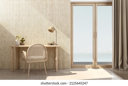 Working Table In Bungalow.Interior With Sea View.3d Rendering