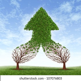 Working Together Business Symbol And Financial Merger Concept As Two Trees Connecting  And Merging As One Forming A Healthy Growing Arrow Shaped Tree As An Icon Of Teamwork Success.